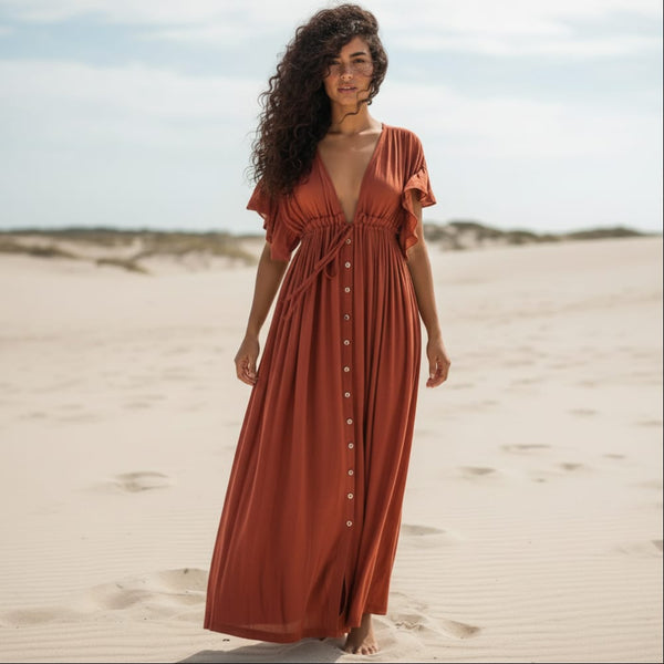 burnt orange summer dress Boho Summer Beach Cover Up Dress – Sheer Button-Up V-Neck Maxi Women's Boho Fashion in Blue