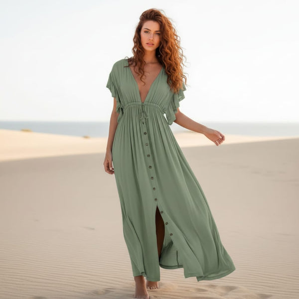 casual green dress Boho Summer Beach Cover Up Dress – Sheer Button-Up V-Neck Maxi in Blue | Women's Boho Fashion | One Size