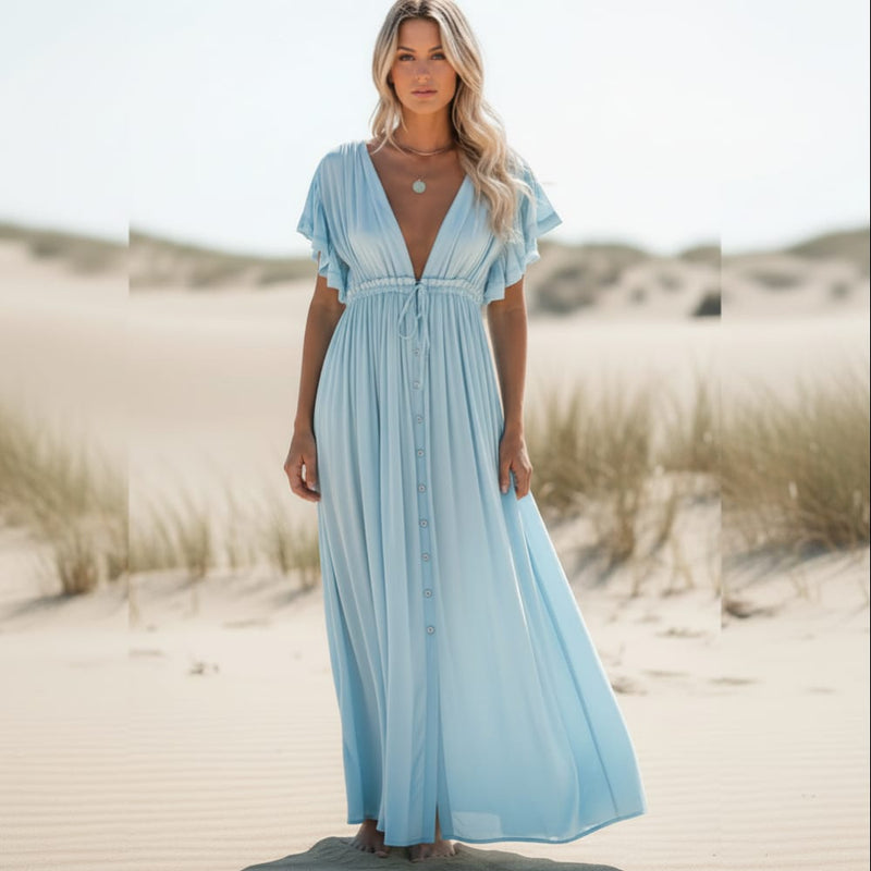 Boho Summer Beach Cover Up Dress Sheer Button-Up V-Neck Maxi in Blue | Women's Boho Fashion | One Size | Polyester Boho Summer Beach Cover Up Dress Sheer Button-Up V-Neck Maxi in Blue | Women's Boho Fashion | One Size | Polyester