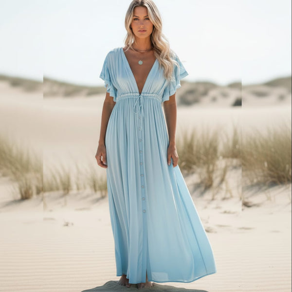 Boho Beach Hut Cover-Ups, Dress, maxi dress, white dress, short sleeve dress, v neck dress, plus size dress Boho Casual Summer Beach Cover Up Dress Light Blue / One Size
