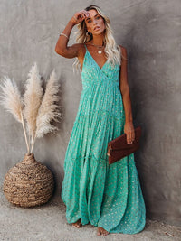 Boho Beach Hut Dress, Maxi Dress Bohemian Floral Maxi Sundress Green / S