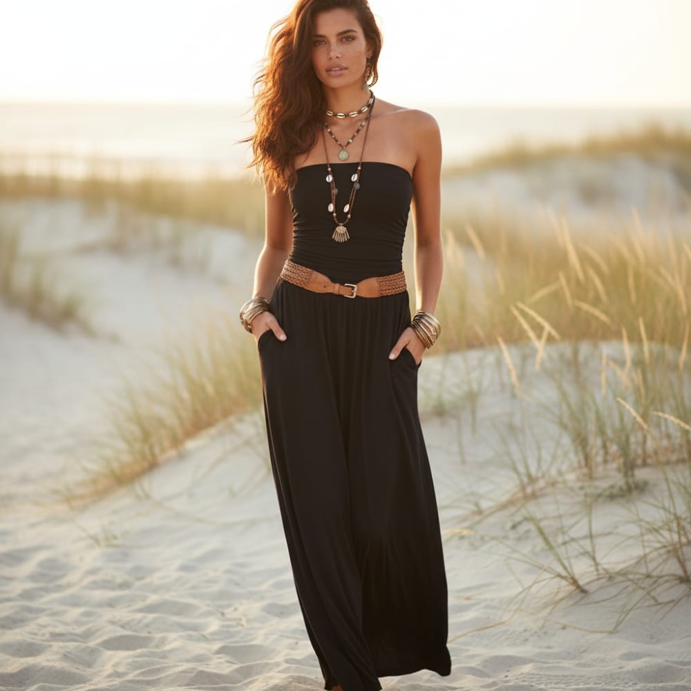 Boho Chic Bandeau Off Shoulder Maxi Dress Black / L Boho Chic Bandeau Off Shoulder Maxi Dress Black / L
