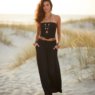 Boho Beach Hut Dress, Maxi Dress Boho Chic Bandeau Off Shoulder Maxi Dress Black / S