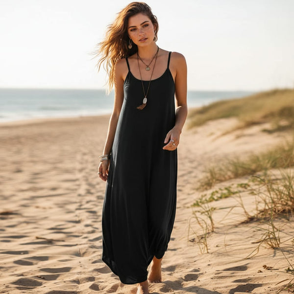 Boho Beach Hut Dress, maxi dress, green dress, black dress, White dress, midi dress, casual dress, sleeveless dress Boho Chic Spaghetti Strap Dress Black / S