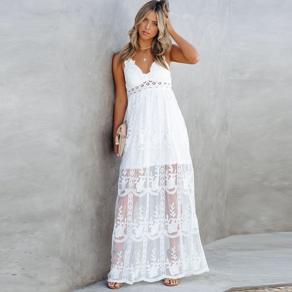 Boho Beach Hut Dress, Maxi Dress, Long Dress, Spaghetti Strap Dress, Beach Dress, Wedding Dress Spaghetti Strap Lace Boho Maxi Dress White / S