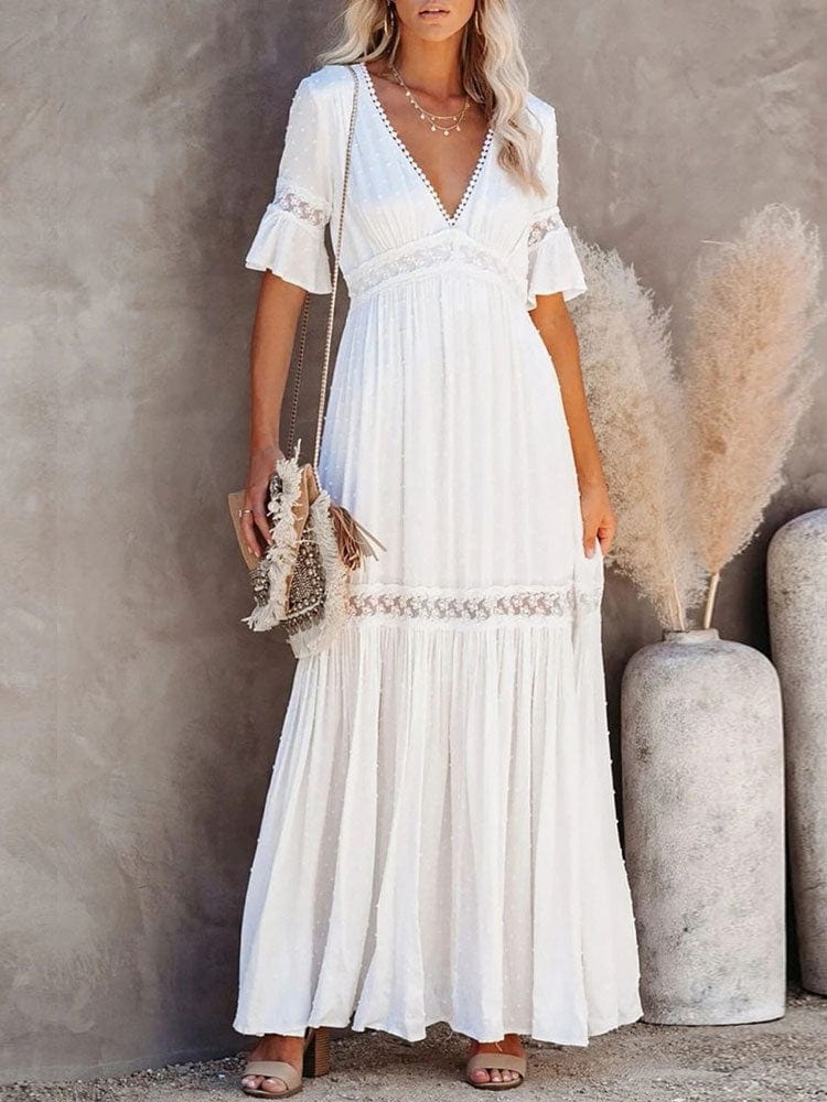 White Lace High Waist Boho Maxi Dress