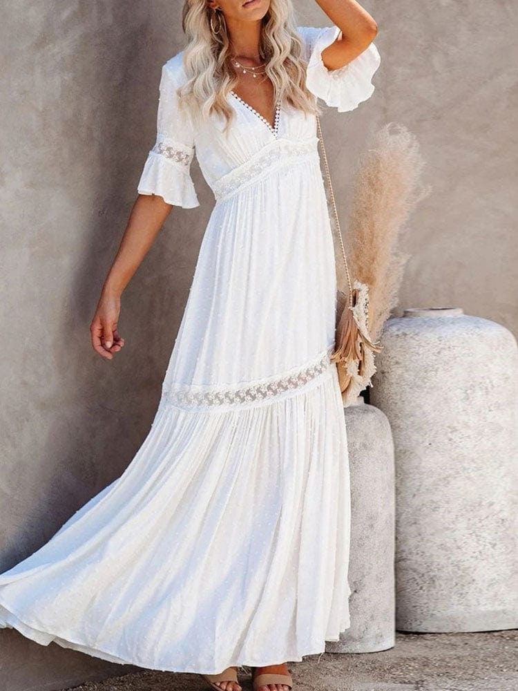 Boho Beach Hut Dress, Maxi Dress White Lace High Waist Boho Maxi Dress