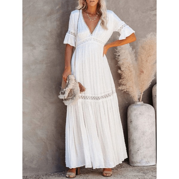 Boho Beach Hut Dress, Maxi Dress White Lace High Waist Boho Maxi Dress