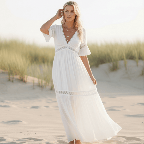 boho high waist lace maxi dress White Lace Boho Maxi Dress