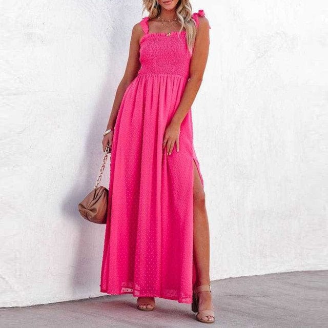 Sleeveless Pleated Skirt Maxi Bridesmaid Dress With Pockets In Think Pink |  The Dessy Group
