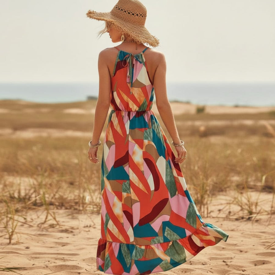 light blue halter top dress Halter Neck Maxi Dress Light Blue Backless with High Slit | Plunging V-Neck  Formal Gown | Flowy A-Line Evening Prom Wedding Guest Dress main image 0