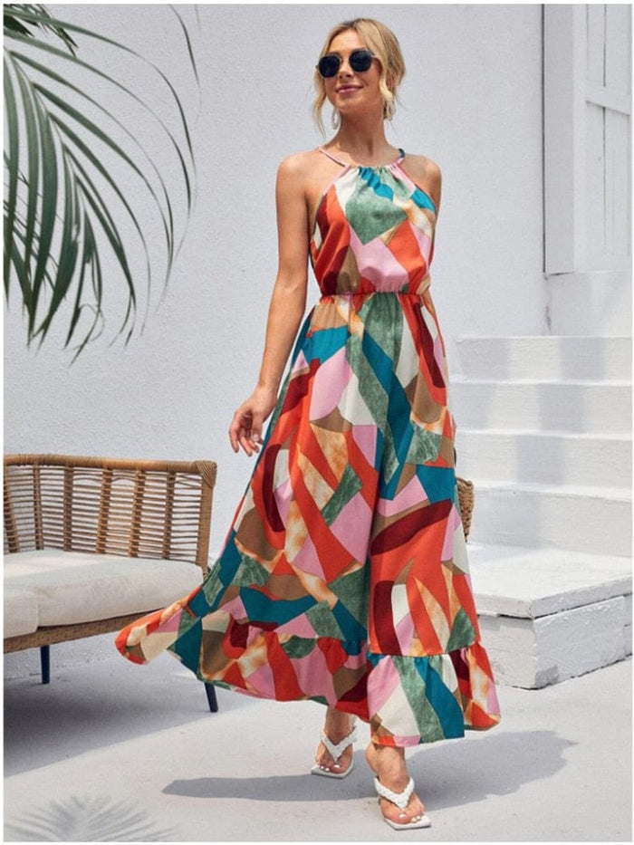 Boho Beach Hut Dresses, Maxi Dress,, Long Dress, Summer Dress, Church Dress, Long Dress, Beach Dress, Beach Dress, Boho Dress Colorful Boho Summer Halter Maxi Dress Red / S