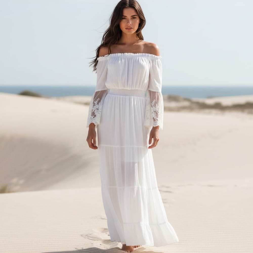 Boho Lace Beach Maxi Dress – White & Black Ankle-Length Summer Dress in White | Women's Boho Fashion | S