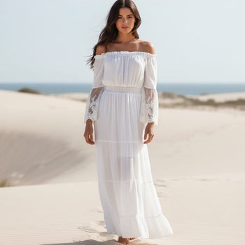 Boho Beach Hut Dresses, Maxi Dress, White Beach Dress Boho Sexy Lace Beach Maxi Long Dress White / S