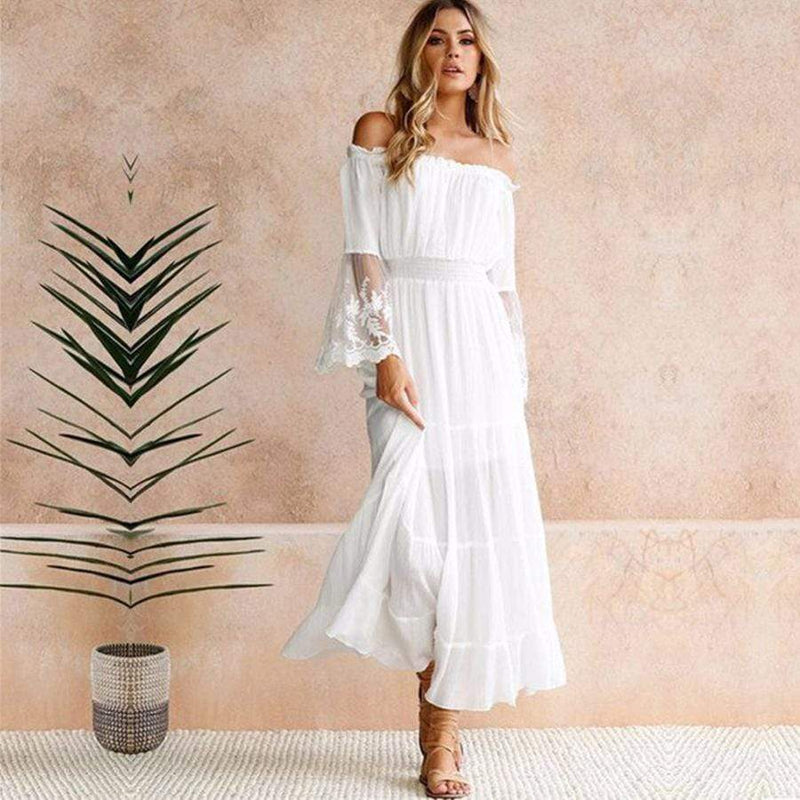 Boho Lace Beach Maxi Dress White & Black Ankle-Length Summer Dress in White | Women's Boho Fashion | S | Polyester, Cotton Boho Lace Beach Maxi Dress White & Black Ankle-Length Summer Dress in White | Women's Boho Fashion | S | Polyester, Cotton