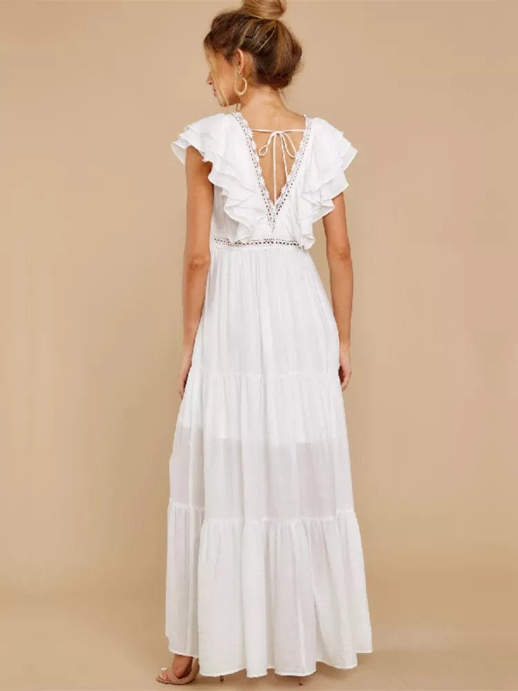 Boho Beach Hut Dresses, Maxi Dress, White Beach Dress White / One Size Sexy White Deep V-Neck Ruffle Maxi Dress