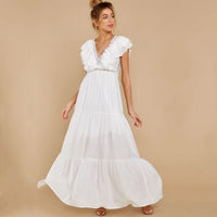 Boho Beach Hut Dresses, Maxi Dress, White Beach Dress White / One Size Sexy White Deep V-Neck Ruffle Maxi Dress