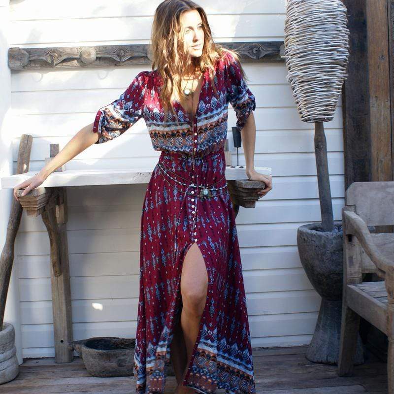 Boho Beach Hut Dresses, Maxi Dress Wine Red / S Boho Floral Print Dress- 3 Colors