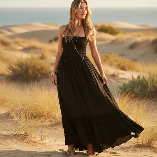 Boho Beach Hut Dresses, Maxi Dresses, Summer Dresses, Beach Dresses Hippie Backless Halter Dress Black / S
