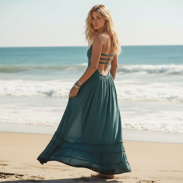 Hippie Backless Halter Maxi Dress Boho Cascading Ruffle Long Dress in Blue | Women's Boho Fashion | S | Rayon, Cotton Hippie Backless Halter Maxi Dress Boho Cascading Ruffle Long Dress in Blue | Women's Boho Fashion | S | Rayon, Cotton