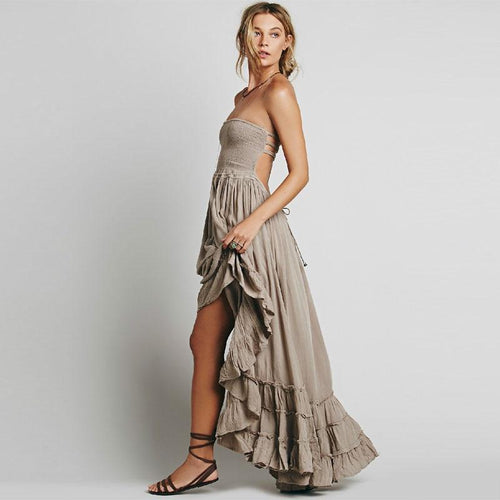 Boho Beach Hut Dresses, Maxi Dresses, Summer Dresses, Beach Dresses Hippie Backless Halter Dress Khaki / S