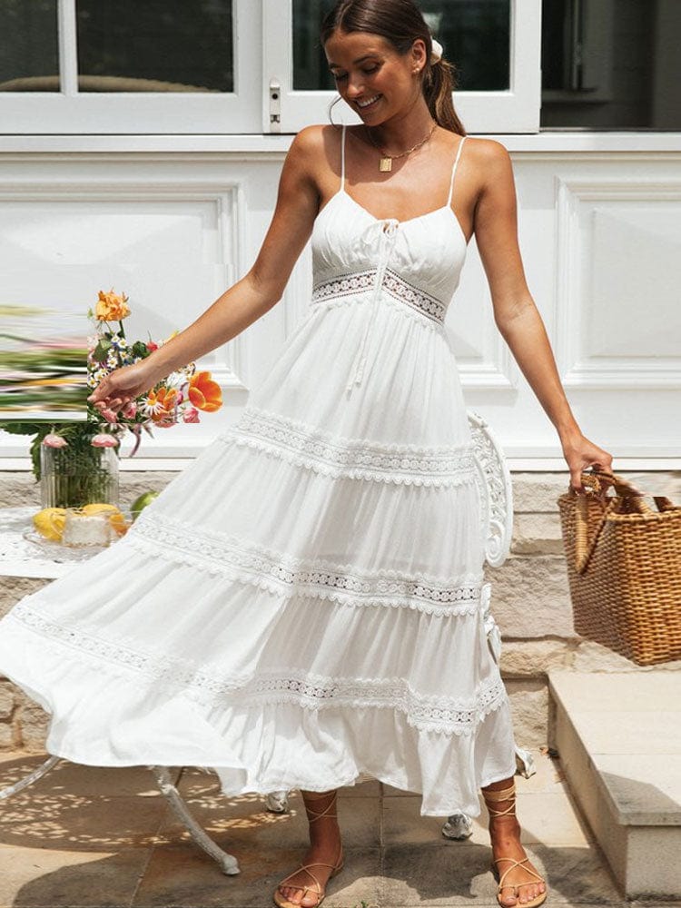 Boho Beach Hut Dresses Spaghetti Strap White Long Summer Dress