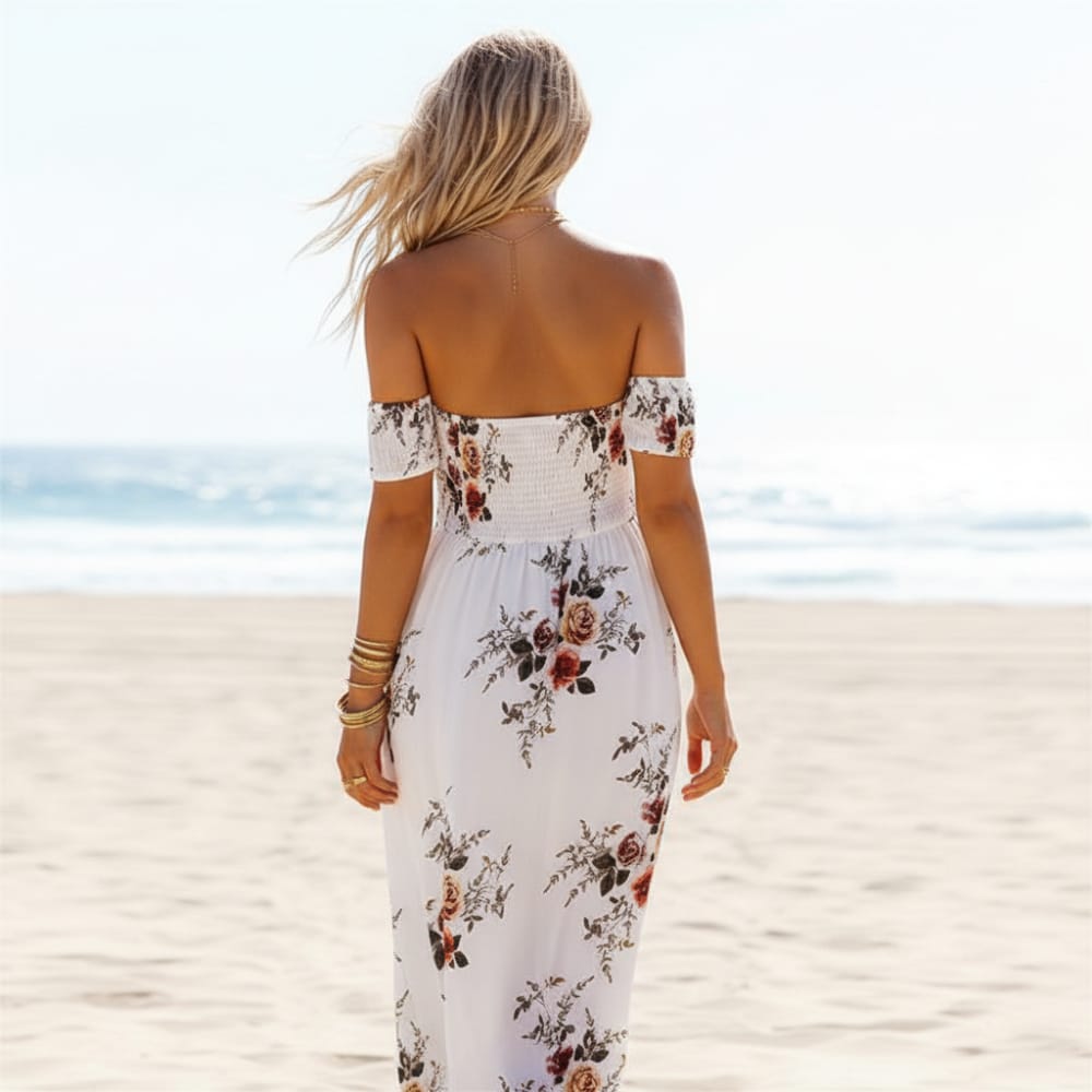 Boho Long Summer Sundress – Off-Shoulder Slit Skirt Floral Maxi Dress –  Boho Beach Hut