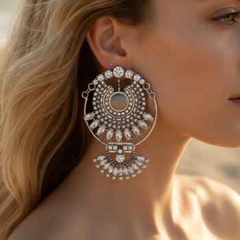 Boho Beach Hut Earrings Rhinestone Large Water Drop Earrings Silver / One Size