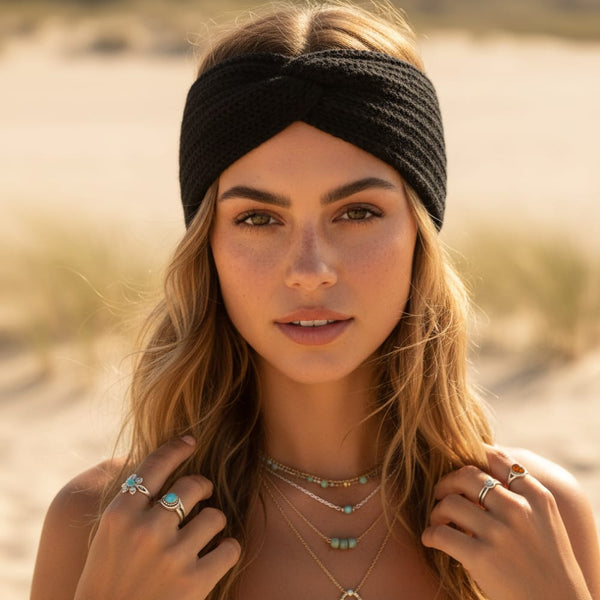Boho Beach Hut Headbands, Head Warmers Knit Headband Knot Cross Black / One Size