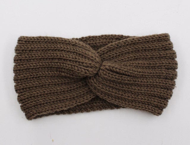 Boho Beach Hut Headbands, Head Warmers Knit Headband Knot Cross Brown / One Size