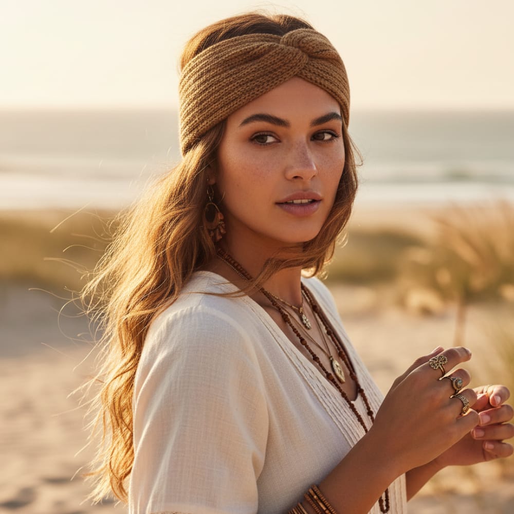 Boho Beach Hut Headbands, Head Warmers Knit Headband Knot Cross Camel / One Size