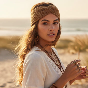 Boho Beach Hut Headbands, Head Warmers Knit Headband Knot Cross Camel / One Size