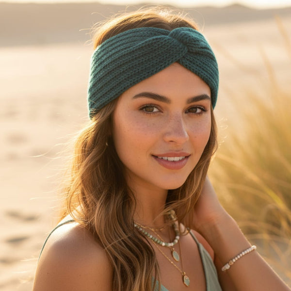 Boho Beach Hut Headbands, Head Warmers Knit Headband Knot Cross Green / One Size