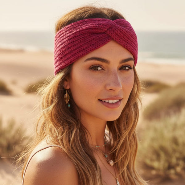 Boho Beach Hut Headbands, Head Warmers Knit Headband Knot Cross Magenta / One Size