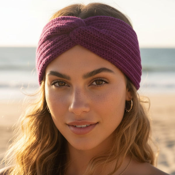 Boho Beach Hut Headbands, Head Warmers Knit Headband Knot Cross Purple / One Size
