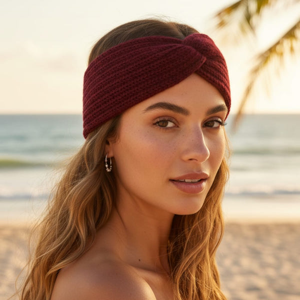 Boho Beach Hut Headbands, Head Warmers Knit Headband Knot Cross Wine Red / One Size