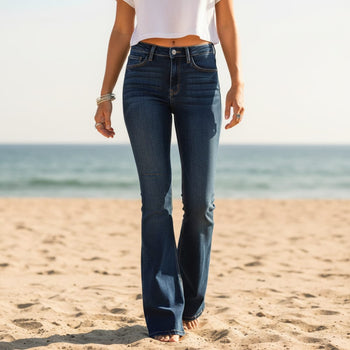 Boho Beach Hut Jeans, Denim Jeans, Pants Denim Flare Leg Boyfriend Jeans Dark Blue / S