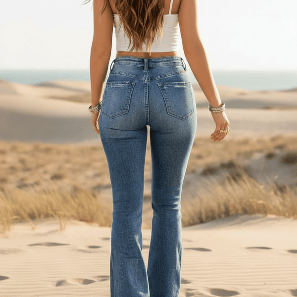 Boho Beach Hut Jeans, Pants, Denim Jeans, Boyfriend Jeans, Distressed Jeans High Waist Ripped Flare Leg Denim Jeans