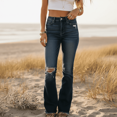 Boho Beach Hut Jeans, Pants, Denim Jeans, Boyfriend Jeans, Distressed Jeans Dark Blue / S High Waist Ripped Flare Leg Denim Jeans