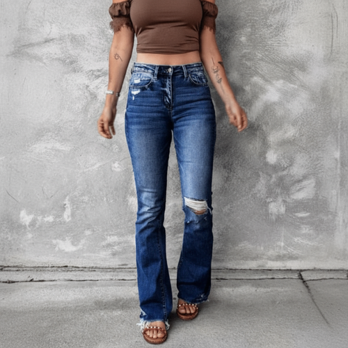 Boho Beach Hut Jeans, Pants, Denim Jeans, Boyfriend Jeans, Distressed Jeans Dark Blue / S High Waist Ripped Flare Leg Denim Jeans