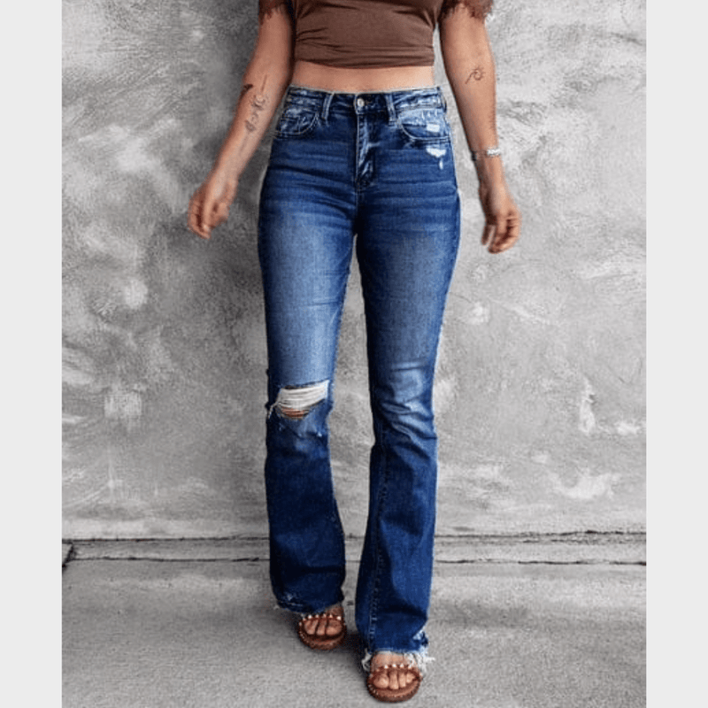 Boho Beach Hut Jeans, Pants, Denim Jeans, Boyfriend Jeans, Distressed Jeans Dark Blue / S High Waist Ripped Flare Leg Denim Jeans