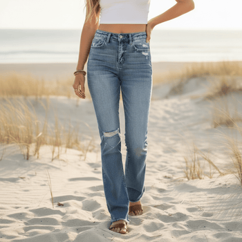 Boho Beach Hut Jeans, Pants, Denim Jeans, Boyfriend Jeans, Distressed Jeans Light Blue / S High Waist Ripped Flare Leg Denim Jeans