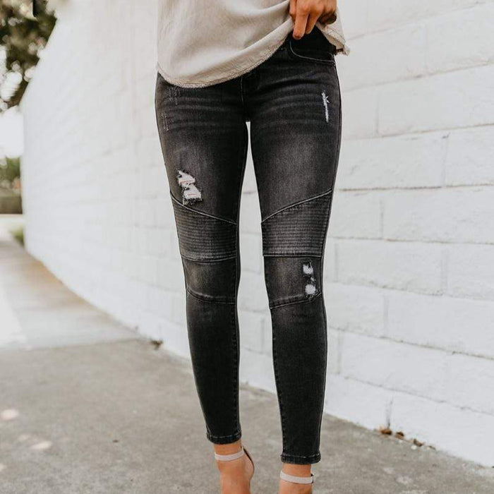 Boho Beach Hut Jeans, Pants, Denim Jeans, Skinny Jeans, Distressed Jeans Black / S Skinny Ripped Pleated Stretch Denim Jeans