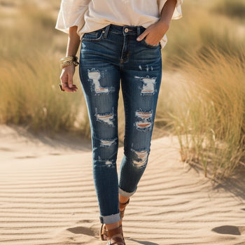Boho Beach Hut Jeans, Pants, Denim Jeans, Skinny Jeans, Distressed Jeans Boho High Waist Holey Skinny Jeans