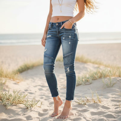 Boho Beach Hut Jeans, Pants, Denim Jeans, Skinny Jeans, Distressed Jeans Skinny Ripped Pleated Stretch Denim Jeans Faded Denim / S