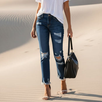 Boho Beach Hut Jeans, Pants, Denim Jeans, Skinny Jeans, Distressed Jeans Dark Blue / S Stretch Ripped Distressed Skinny High Waist Denim Pants