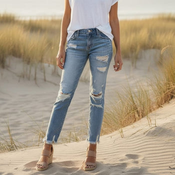 Boho Beach Hut Jeans, Pants, Denim Jeans, Skinny Jeans, Distressed Jeans Light Blue / S Stretch Ripped Distressed Skinny High Waist Denim Pants
