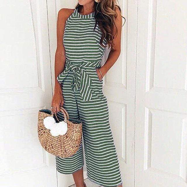 Boho Beach Hut Jumpsuits, Romper, Playsuit Boho Striped Sleeveless Rompers Green / S