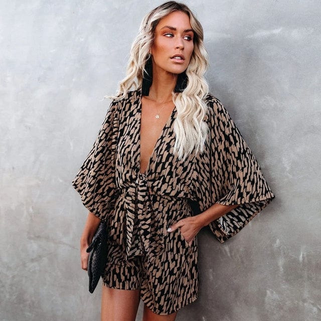 Boho Beach Hut Jumpsuits, Romper, Playsuit V-Neck Wide Leg Romper Leopard / S