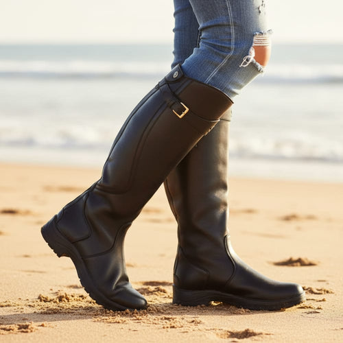 Boho Beach Hut Knee High Boots, Shoes, Leather Boots Knee High Fashion Leather Boots Black / 4.5